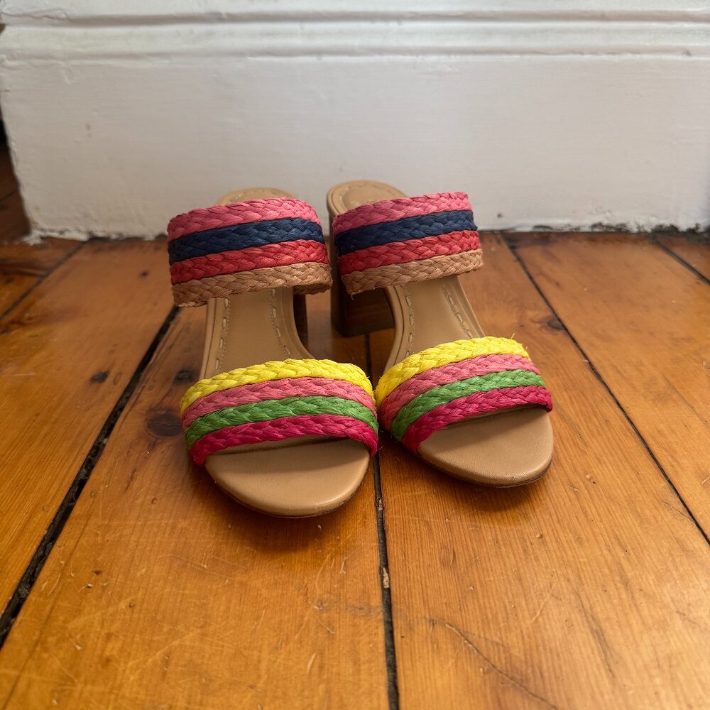 Alice + Olivia Leeda Raffia Rainbow Multicolor Slip On Block Heel Sandals